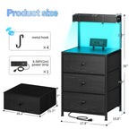 Tall Nightstand with Charging Station & LED Lights – 3 Drawers, Shelves, USB Ports, Outlets & 4 Hooks | Bedside Table for Bedroom