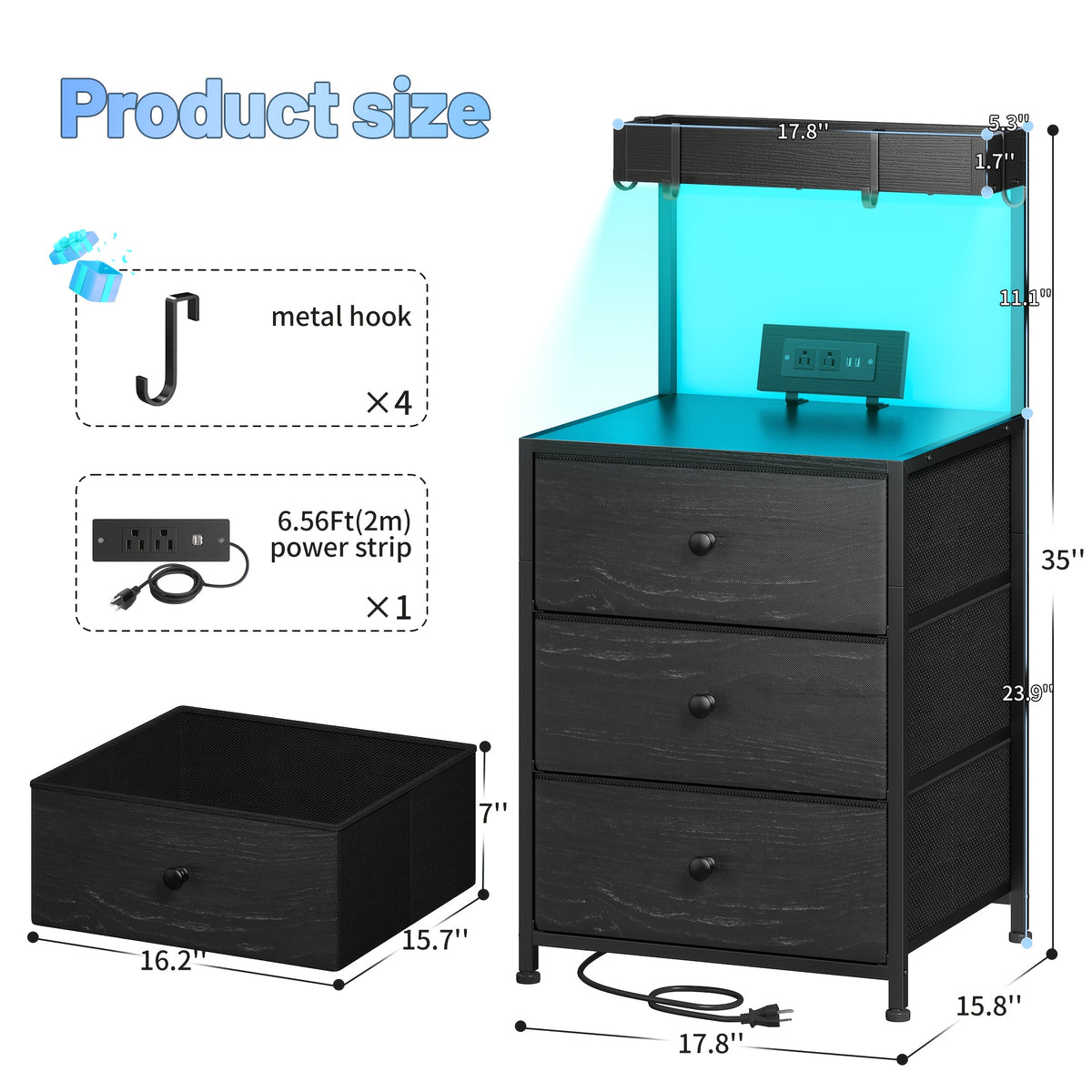 Tall Nightstand with Charging Station & LED Lights – 3 Drawers, Shelves, USB Ports, Outlets & 4 Hooks | Bedside Table for Bedroom