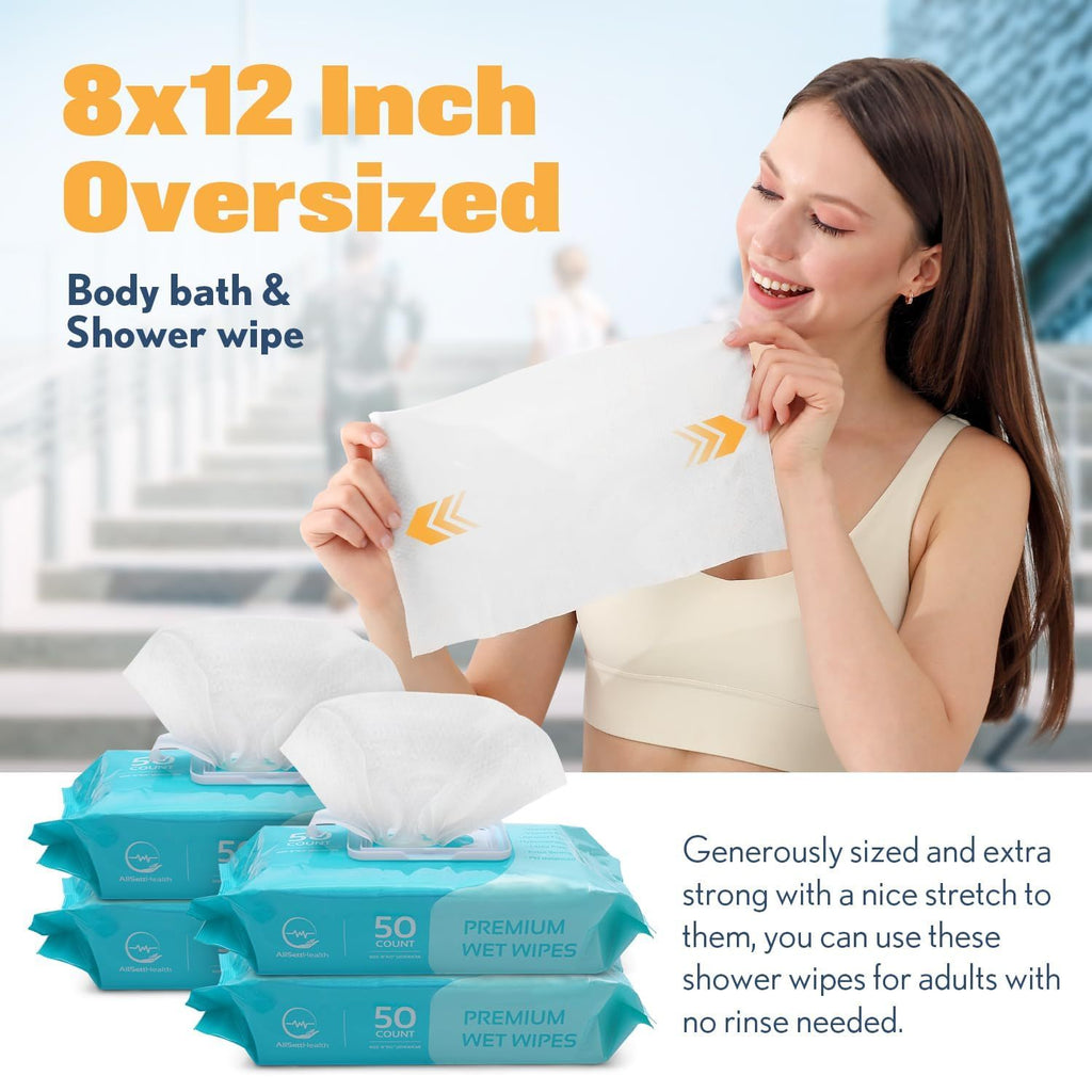 Extra Large No-Rinse Body Wipes for Adults 8x12 Inch 200 Count Disposable Washcloths Aloe Vera Vitamin E for Seniors Caregiving Travel Gym Camping Hypoallergenic