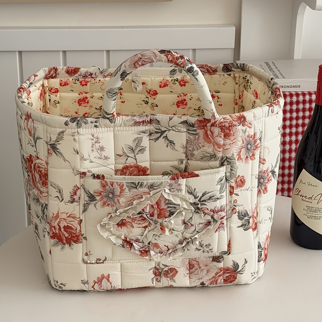 Large Floral Quilted Storage Basket – Vintage Portable Large-Capacity Shelf Basket for Home, 5 Floral Designs (Peony, Marigold, Strawberry)