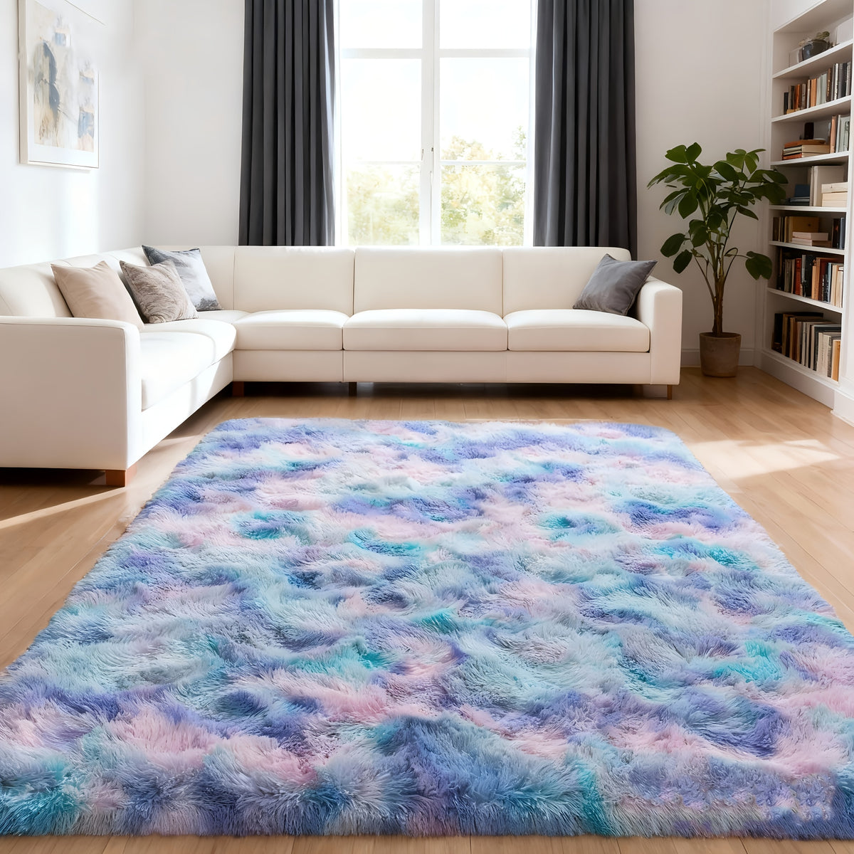 Tie-Dye Rainbow Purple Shag Area Rug Non-Slip Machine Washable, Ultra Soft Fluffy Carpet for Living Room Bedroom Kids Room, 4 Sizes 3x5ft to 8x10ft