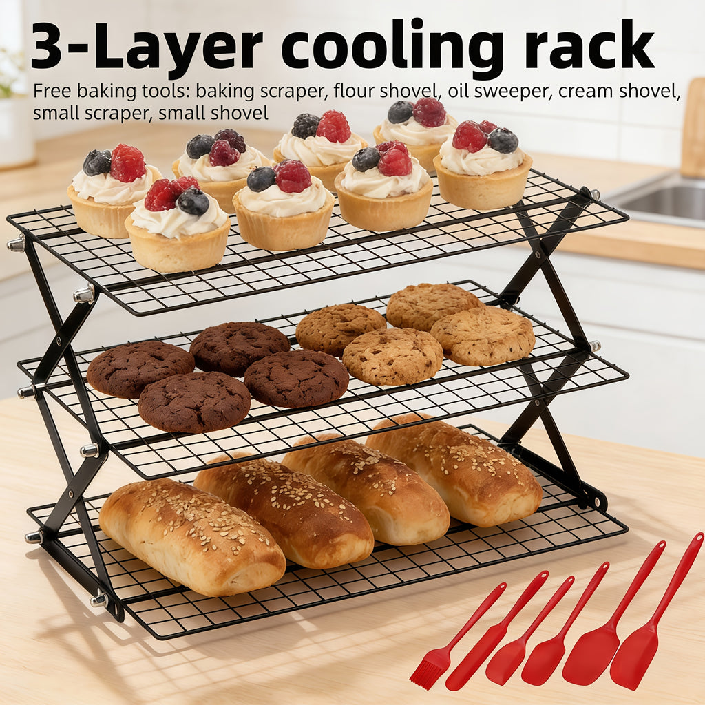 Foldable Cooling Rack Set with Baking Tools – Stackable Oven Cookie Cake Drying Rack, 3/4/5 Piece with Silicone Spatula, Egg Beater & More, Holiday Baking Gift