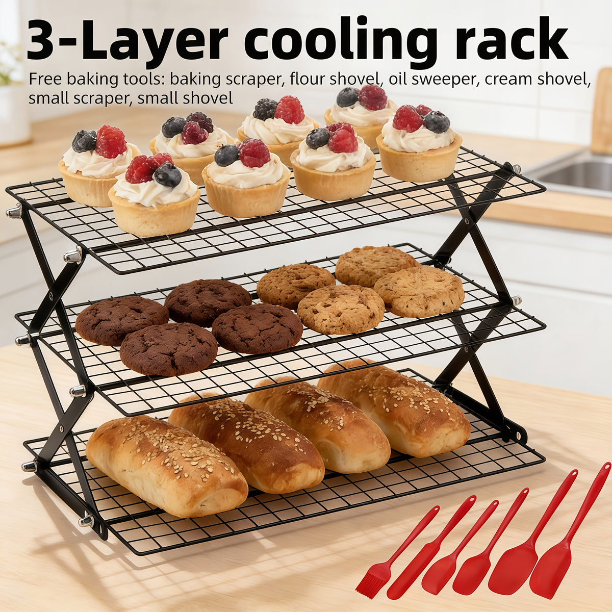 Foldable Cooling Rack Set with Baking Tools – Stackable Oven Cookie Cake Drying Rack, 3/4/5 Piece with Silicone Spatula, Egg Beater & More, Holiday Baking Gift