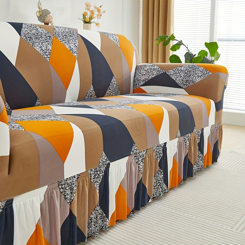 Printed Skirt Elastic Sofa Cover Full Wrap – Universal Fiber Fabric All-Season Couch Slipcover Protector for Living Room, Single 2-Seater 3-Seater 4-Seater