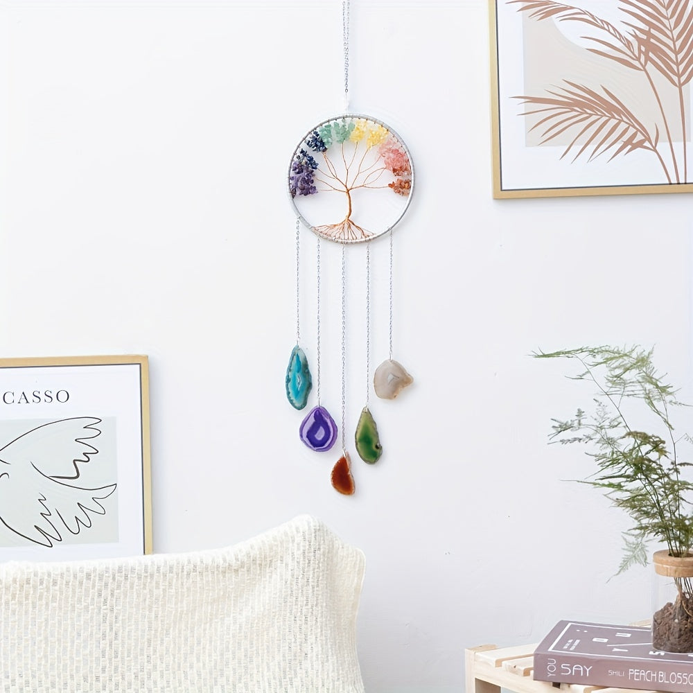 Crystal Dream Catcher Wind Chime Wall Art Handmade Rainbow Beads Tree Motif Boho Wall Hanging for Living Room Bedroom Wedding Christmas Gift