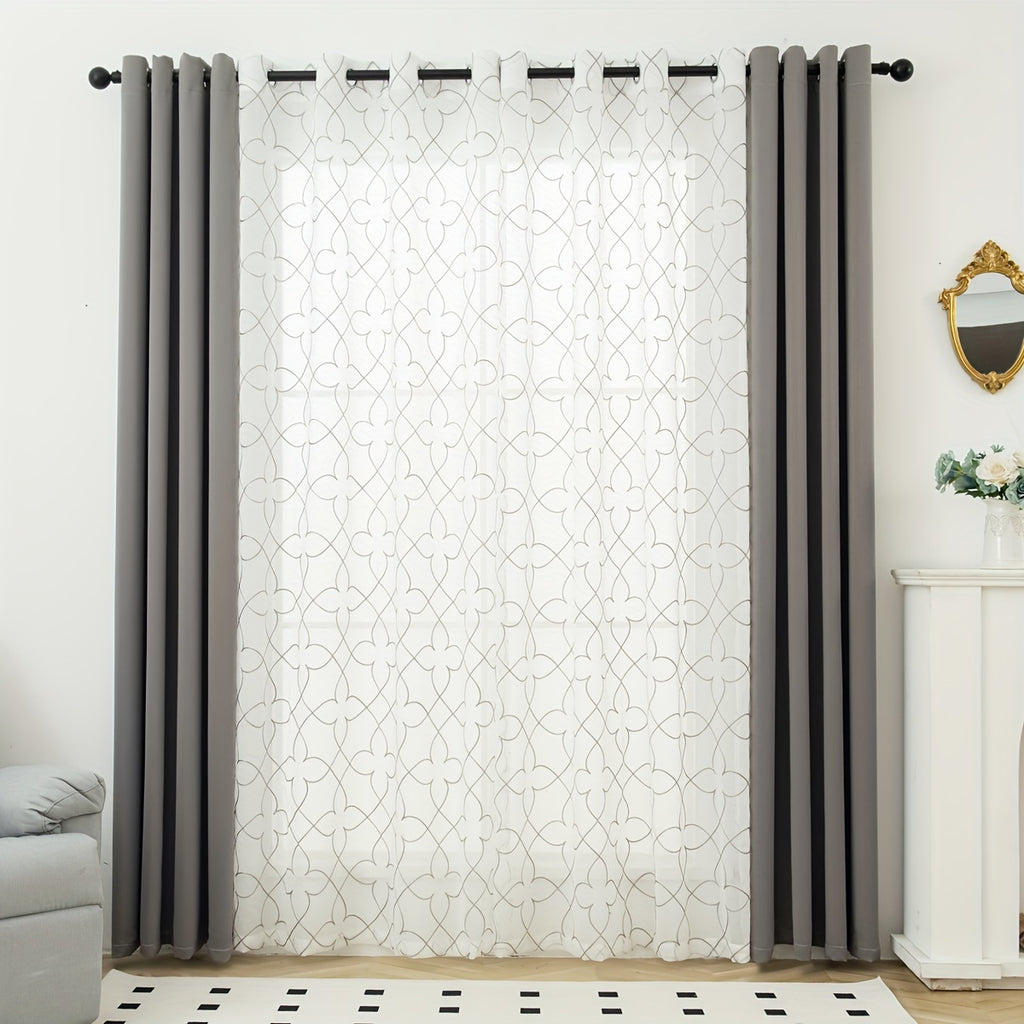 Blackout Curtains 4-Pack – Geometric Embroidery Grommet Top, Sun-Blocking Heat-Insulating Room Darkening Drapes, Living Room Bedroom Dining, All-Season, 4 Colors 5 Sizes