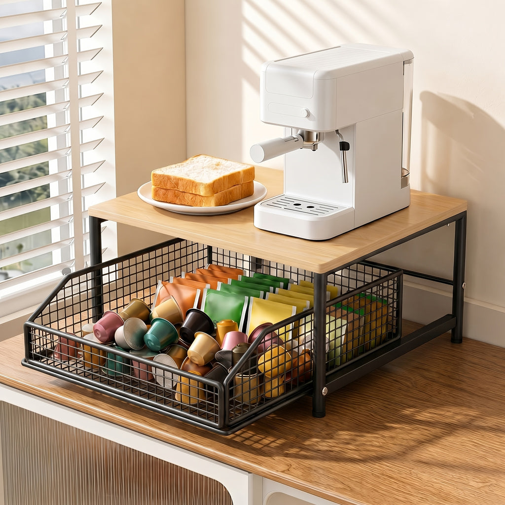 Kitchen Countertop Organizer with Drawer Wire Basket – Detachable Hardwood Metal Shelf for Coffee Maker Microwave Spices Utensils – White Black