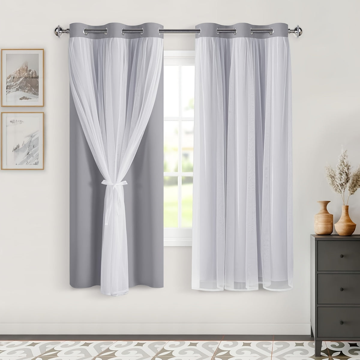 Double Layer Blackout Curtains with Sheer Overlay 2 Panels - Grommet Top Thermal Insulated Mix & Match Window Drapes with Tiebacks for Bedroom Living Room, All Season