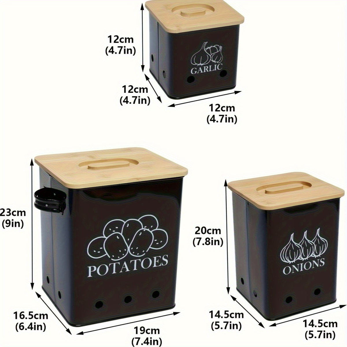 Kitchen Canister Set 3-Pack - Potato Onion Garlic Storage Bins with Wooden Lid, Countertop Vegetable Keeper Containers for Kitchen Organization, Black White & Green