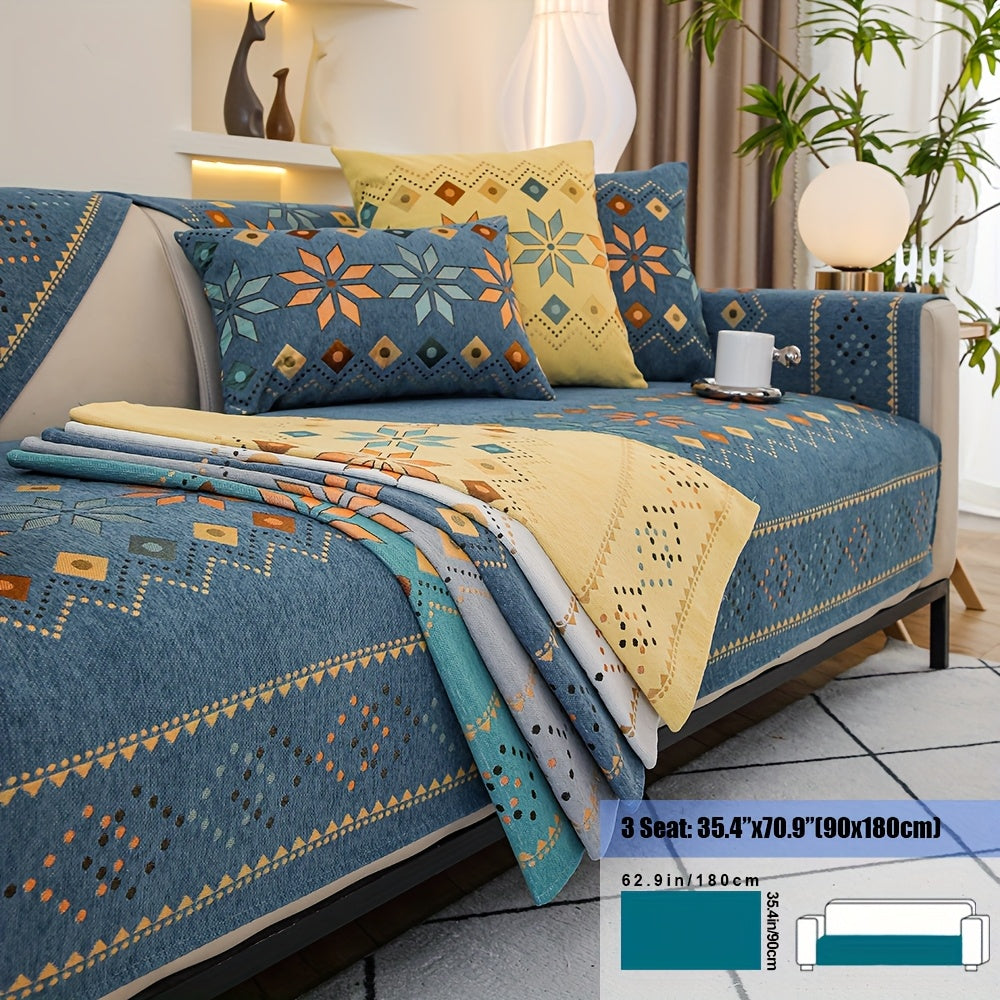 Embroidered Chenille Sofa Slipcover Bohemian Geometric Floral Pattern | Non-Slip Machine Washable Couch Cover for 1-2-3-4 Seater with Armrest & Pillow Cover Options, 6 Colors