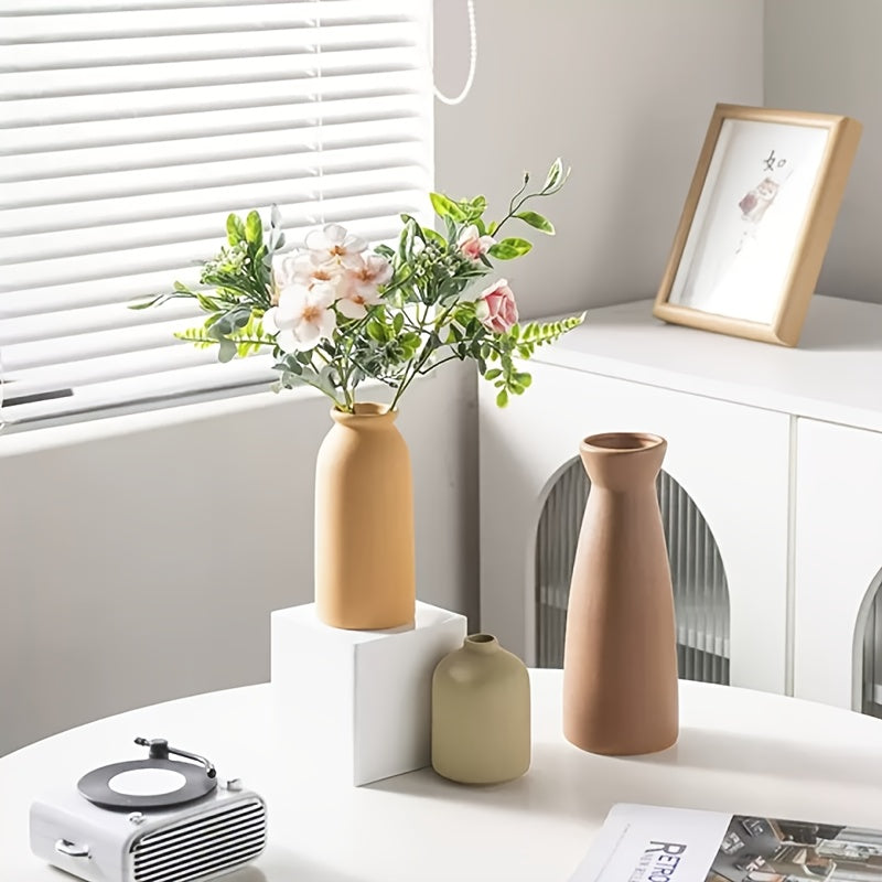 Boho Ceramic Vase Set 3pcs Matte Nordic Minimalist Geometric & Floral Designs, Decorative Vases for Living Room, Entryway, Bookshelf, TV Console & Bathroom Vanity, Holiday & Birthday Gift