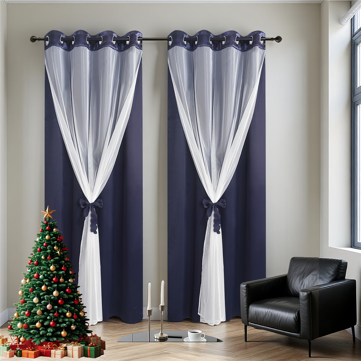 Double Layer Curtains Snowflake Embroidered Sheer Voile + Room Darkening Grommet Drapes – Thermal Insulated Tiebacks Included | 7 Colors Pack of 2
