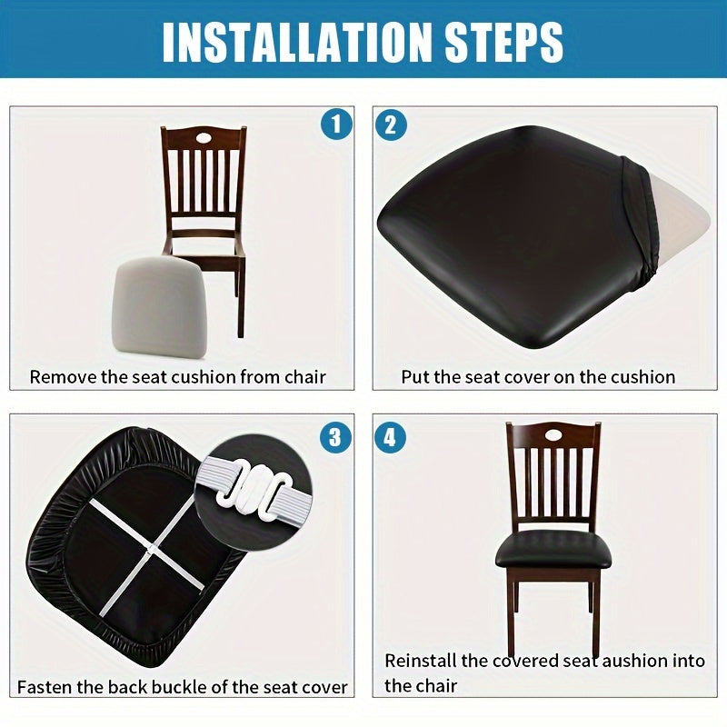 Waterproof Faux Leather Dining Chair Seat Covers 4/6 Pack – Stretch PU Fabric Removable Washable Chair Cushion Slipcovers for Dining Room Kitchen Hotel Home Decor, Hook & Loop Closure