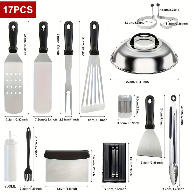 BBQ Grill Tool Set with Cast Iron Meat Press & Meat Thermometer - Complete Outdoor Barbecue Accessories Kit for Teppanyaki Grilling, Backyard Parties & Father's Day Gift