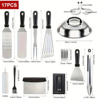 BBQ Grill Tool Set with Cast Iron Meat Press & Meat Thermometer - Complete Outdoor Barbecue Accessories Kit for Teppanyaki Grilling, Backyard Parties & Father's Day Gift
