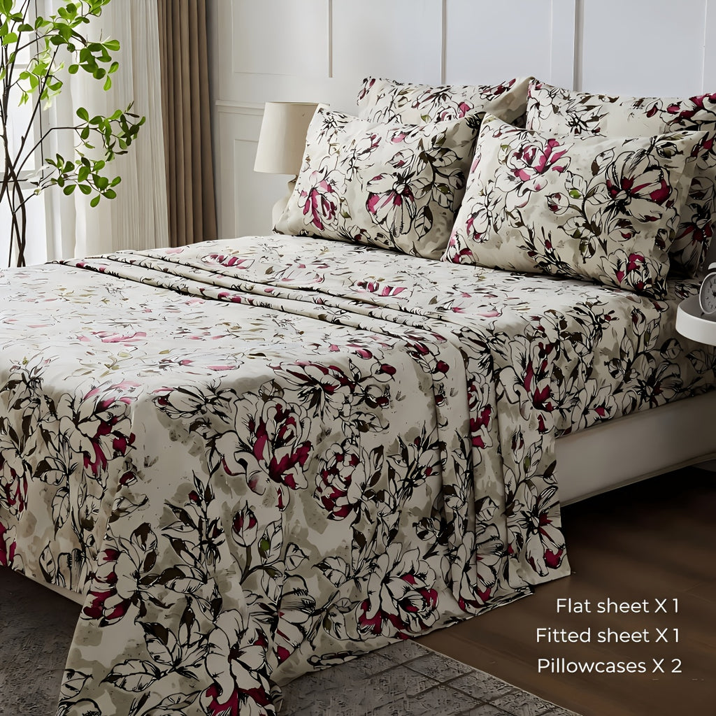 Floral Sheet Set – 4-Piece Soft Fitted & Flat Sheets with Pillowcases, Wrinkle-Resistant Bedding