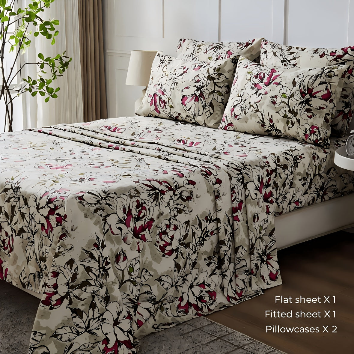 Floral Sheet Set – 4-Piece Soft Fitted & Flat Sheets with Pillowcases, Wrinkle-Resistant Bedding