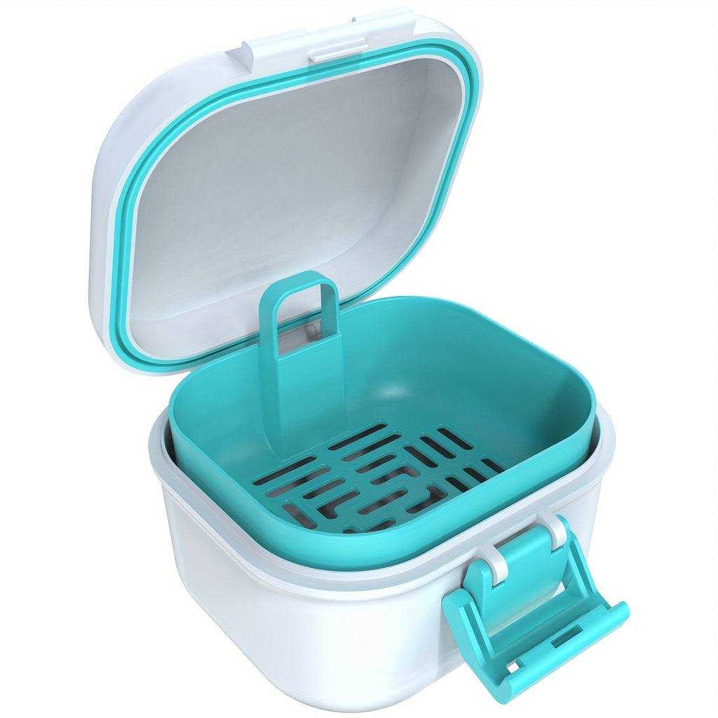 Denture Bath Case with Drainage Basket - Leak Proof Portable Travel Denture Soaking Cup Storage Container Silicone Ring Safety Buckle