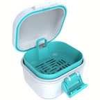 Denture Bath Case with Drainage Basket - Leak Proof Portable Travel Denture Soaking Cup Storage Container Silicone Ring Safety Buckle