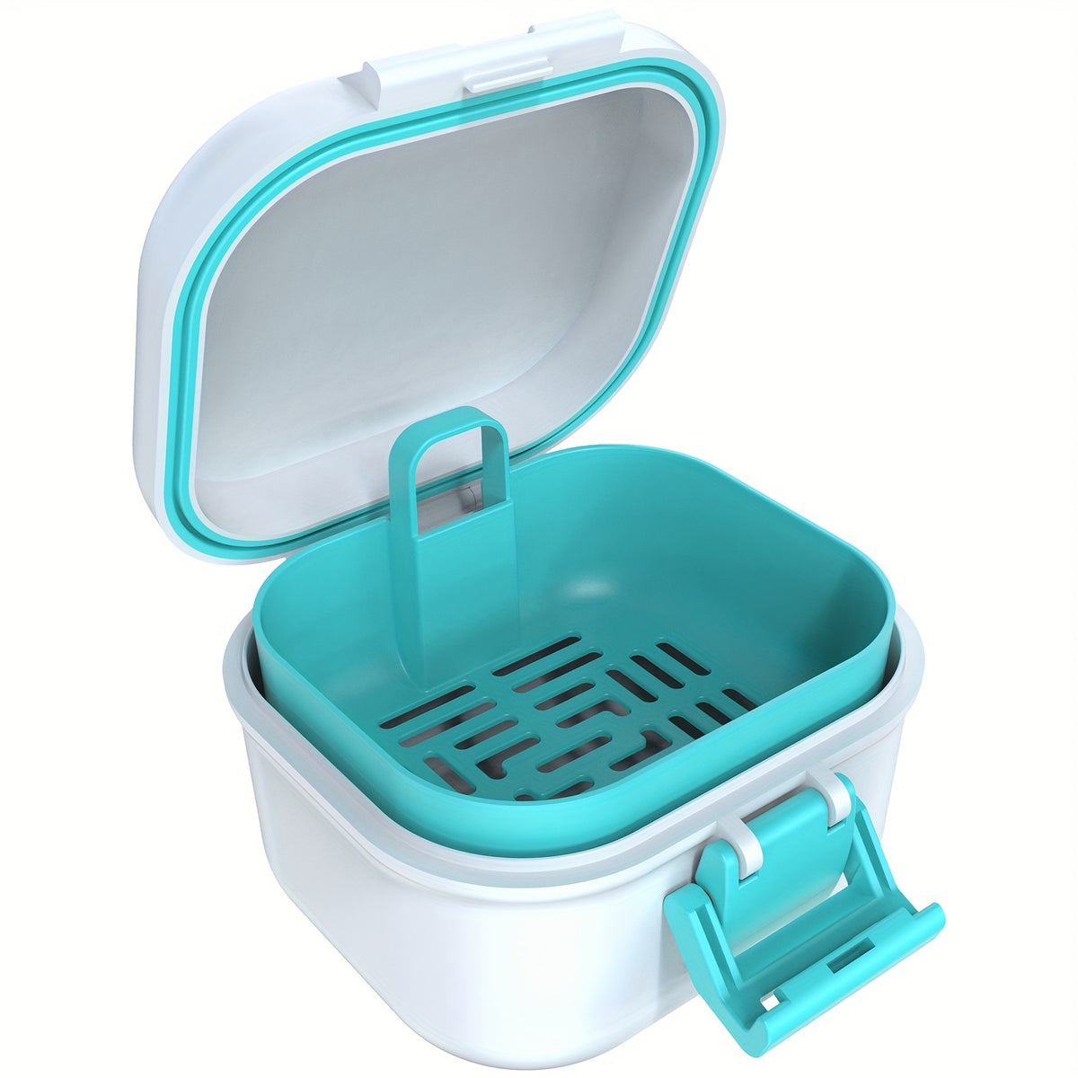 Denture Bath Case with Drainage Basket - Leak Proof Portable Travel Denture Soaking Cup Storage Container Silicone Ring Safety Buckle