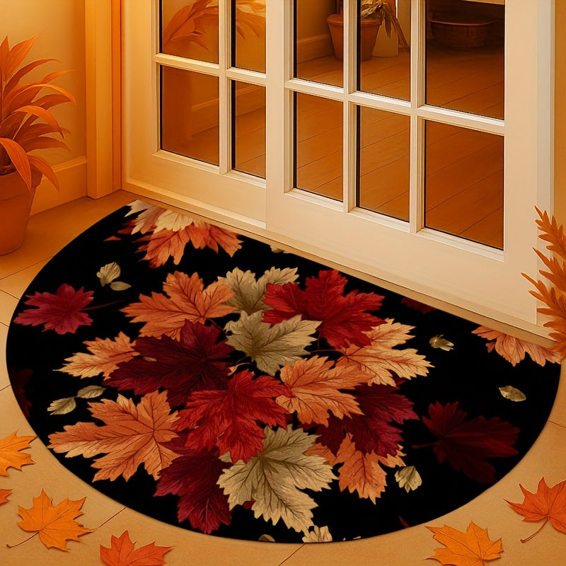 Fall Leaves Doormat Half-Round Non-Slip Indoor Outdoor, Red Orange Gold Autumn Leaf Design for Entryway Front Door Kitchen, 2 Sizes Thanksgiving Home Decor