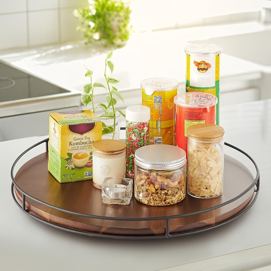 Lazy Susan Turntable 9 Inch Set of 2 - Rustic Brown Wood with Steel Frame, 360° Rotating Organizer for Kitchen Countertop, Cabinet, Dining Table Centerpiece, Spice Rack & Pantry Storage