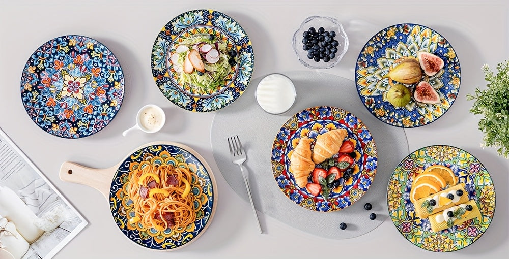 Bohemian Ceramic Salad Plates Set of 6 – 8.5 Inch Colorful Dessert Plate Set, Microwave Oven & Dishwasher Safe, Boho Style Kitchen Dishes