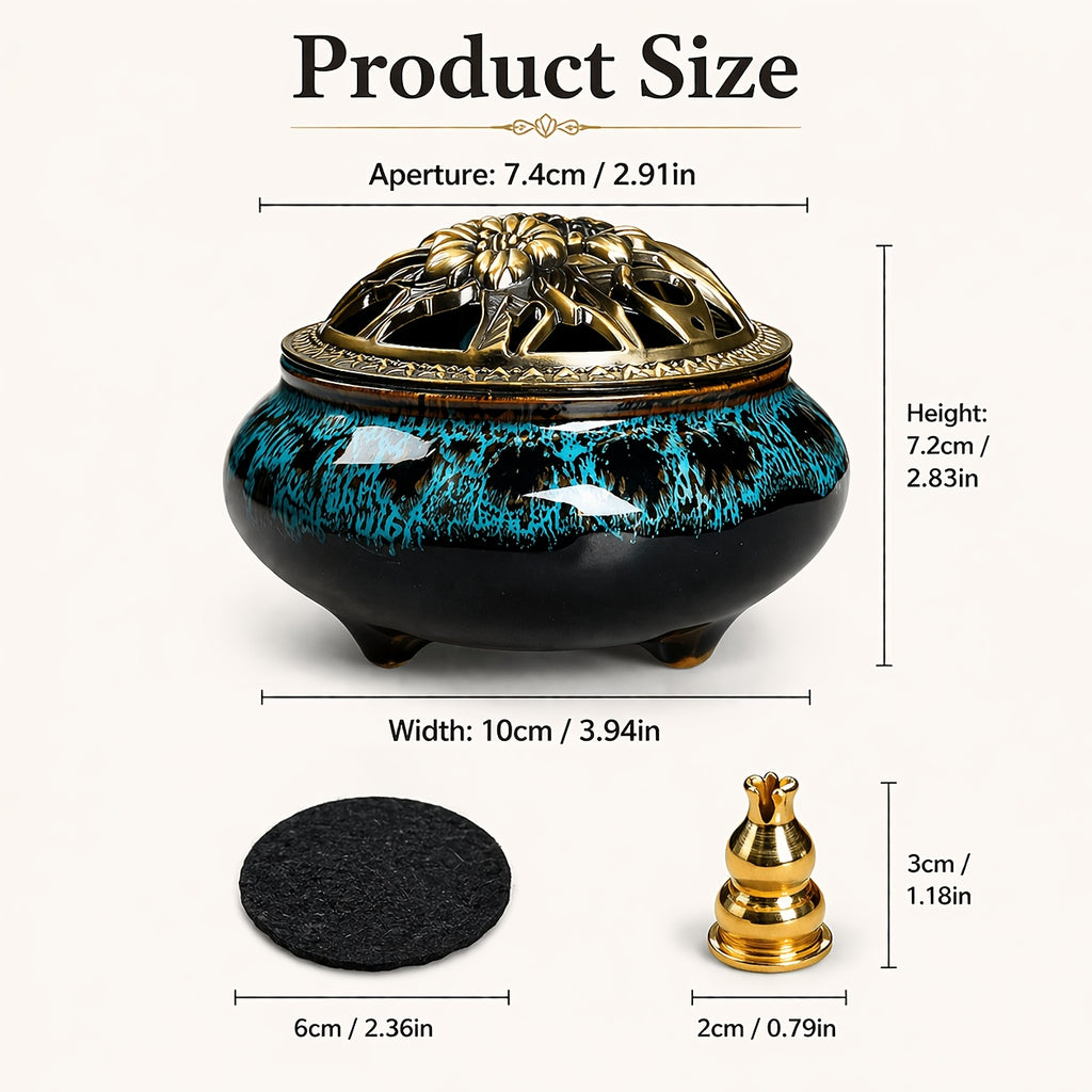 Ceramic Incense Holder Set 4pcs Large Kiln-Fired with Vintage Brass Lid & Fireproof Mat – Stick, Cone & Coil Incense Burner for Home Meditation, Zen Decor & Aromatherapy