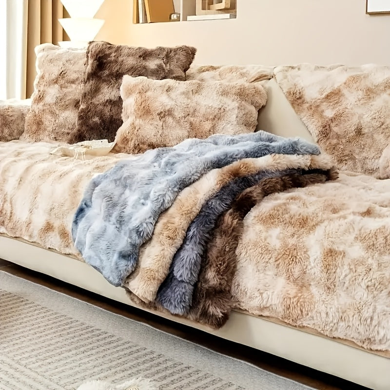 Gradient Faux Rabbit Plush Sofa Cover Non-Slip Furniture Protector – Armchair Loveseat 2 3 4 Seater Couch Cover, Armrest Backrest Pillow Case, 4 Colors 7 Sizes