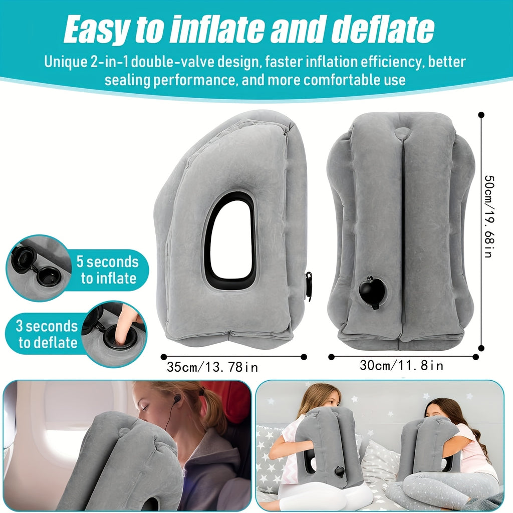 Inflatable Travel Neck Pillow with Patented Valve – Adjustable Firmness Ergonomic Air Pillow for Flights Cars Trains Office Napping, Lightweight Compact, Grey & Black