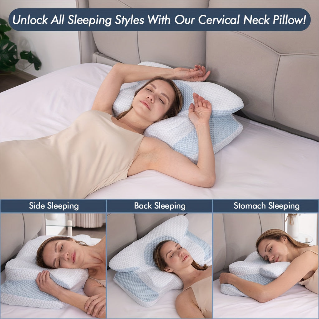 Cooling Neck Pillow Ergonomic Contour Support - Viscose Fill Breathable Cooling Cover, High-Loft Cervical Pillow for Side & Back Sleepers, Blue & Grey