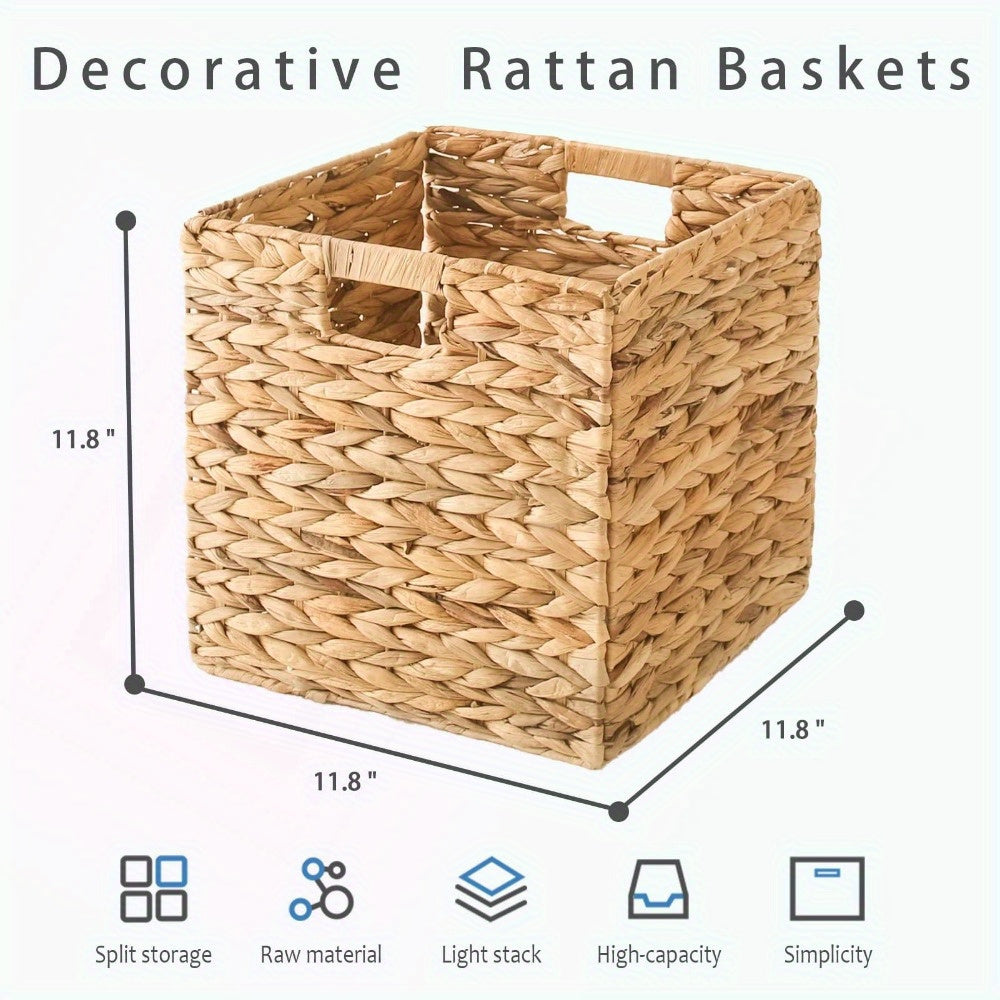 Water Hyacinth Wicker Storage Basket Set 2 or 4 Pack Square Woven Rattan Baskets for Shelves Towels Magazines Kitchen Organization Natural Boho Shelf Bin