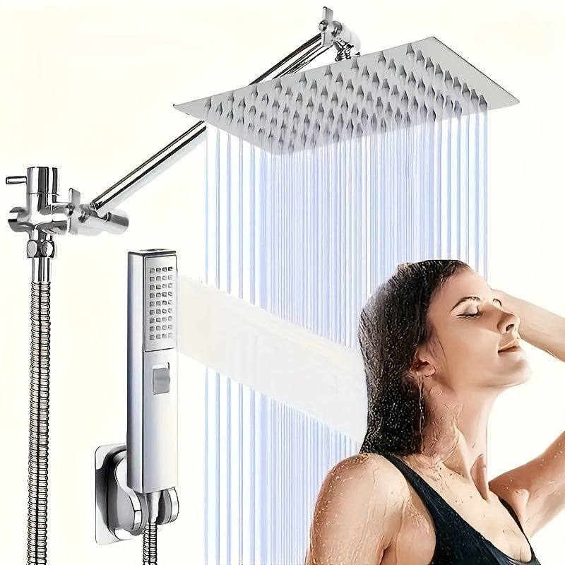 High Pressure Rainfall Shower Head & Handheld Combo 10/12 Inch Round or Square, 4-Spray Settings, 13-Inch Adjustable Arm, 78-Inch Hose & No-Drill Adhesive Holder – Chrome & Black