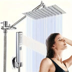 High Pressure Rainfall Shower Head & Handheld Combo 10/12 Inch Round or Square, 4-Spray Settings, 13-Inch Adjustable Arm, 78-Inch Hose & No-Drill Adhesive Holder – Chrome & Black
