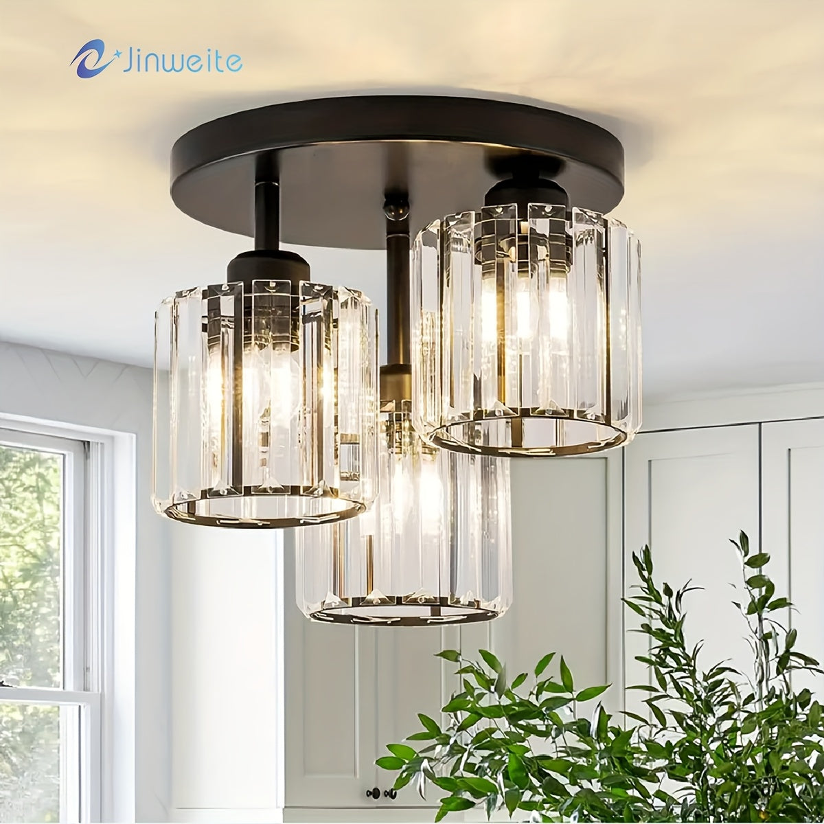 Crystal Semi Flush Mount Ceiling Light 3-Light Modern Chandelier with Transparent Glass Shades for Kitchen Hallway Bedroom Living Room – Black or Gold