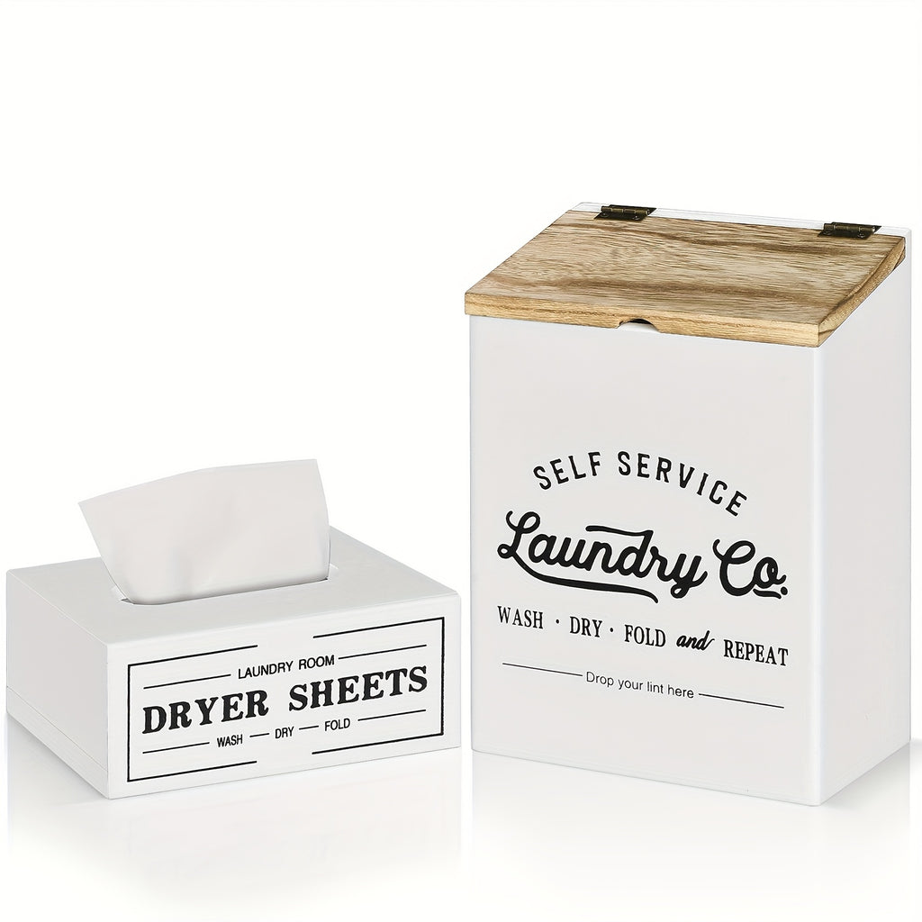 Magnetic Lint & Dryer Sheet Holder Set of 2 – Farmhouse Wood Lint Trash Can with Lid & Magnetic Dryer Sheet Dispenser Box for Laundry Room, Dryer & Wall Mounted Lint Basket