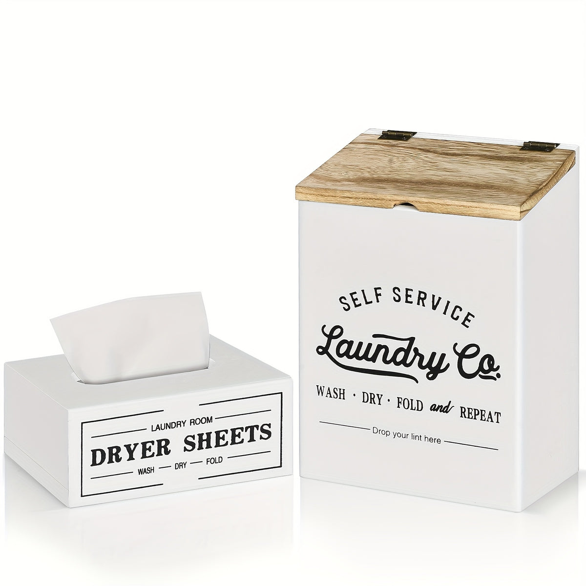 Magnetic Lint & Dryer Sheet Holder Set of 2 – Farmhouse Wood Lint Trash Can with Lid & Magnetic Dryer Sheet Dispenser Box for Laundry Room, Dryer & Wall Mounted Lint Basket
