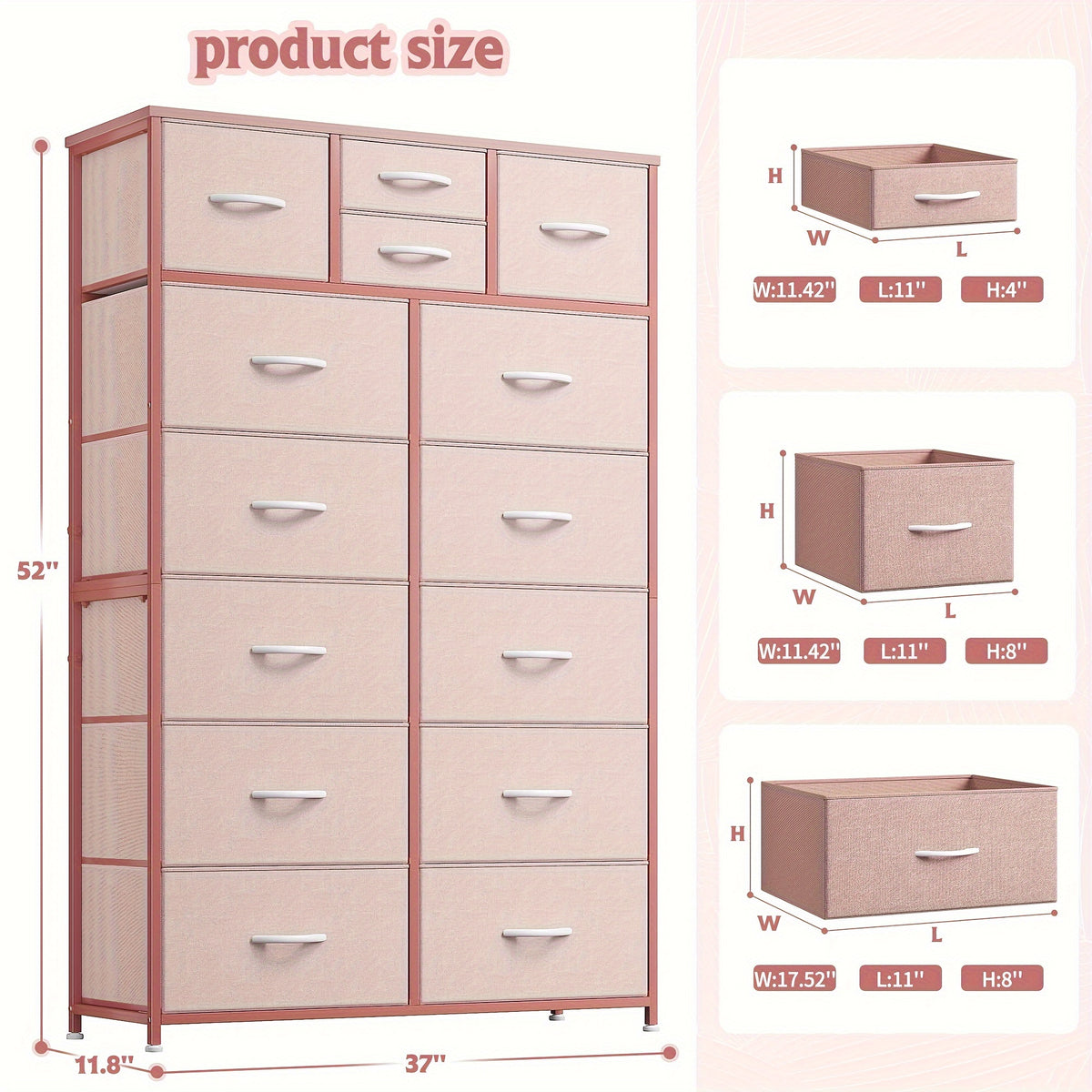 Tall Fabric Dresser with Wood Top & Metal Frame – Large Bedroom Dresser Storage Drawer Unit 37"W x 52"H for Closet Living Room Entryway