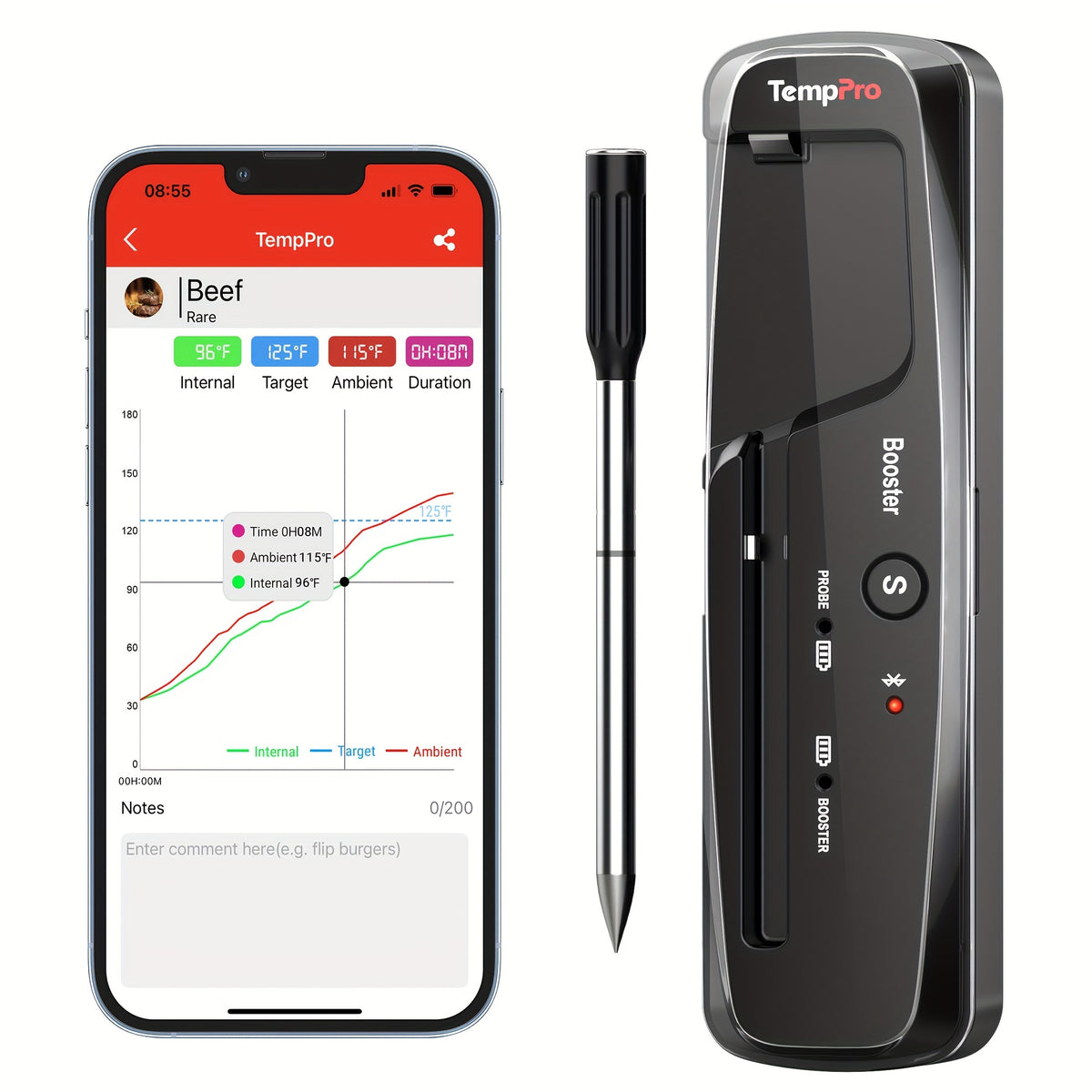 Wireless Meat Thermometer 500ft Bluetooth, Digital Food Thermometer with Dual Sensors & App Alerts for Oven, Grill, BBQ, Smoker & Air Fryer, 36Hr Battery, Dishwasher-Safe Probe, Perfect BBQ Gift