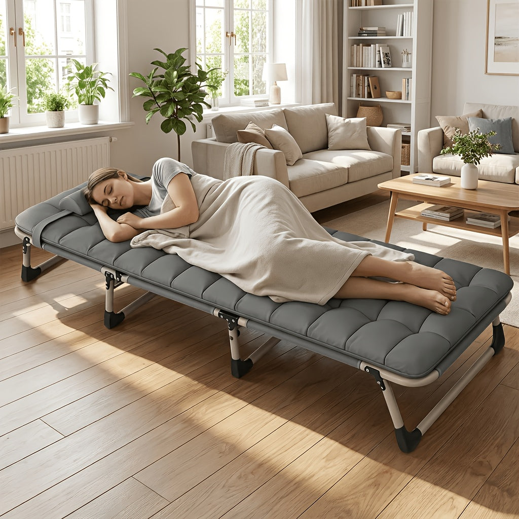 Foldable Bed Frame with Mattress | Stainless Steel Frame, Adjustable Headboard, No Assembly Required – Guest Room & Small Space Folding Bed, Retro Modern Style