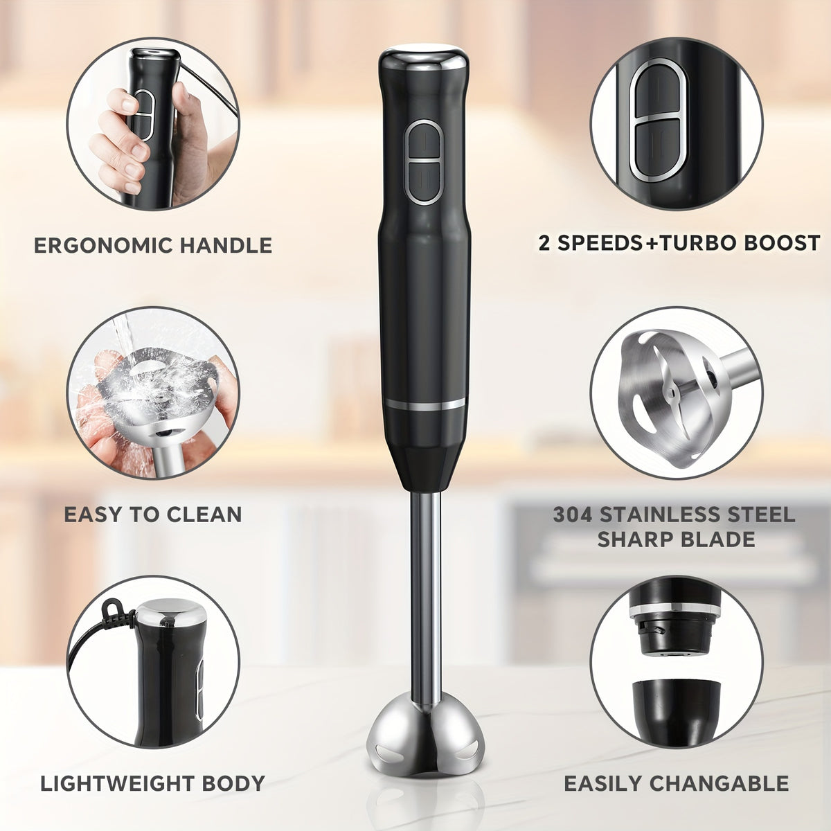400W Immersion Hand Blender Stick Mixer with 304 Stainless Steel Blades, 2 Speeds & Turbo Mode, Detachable Base – 5-in-1 Set Available, Perfect for Soups, Smoothies, Purees & Baby Food