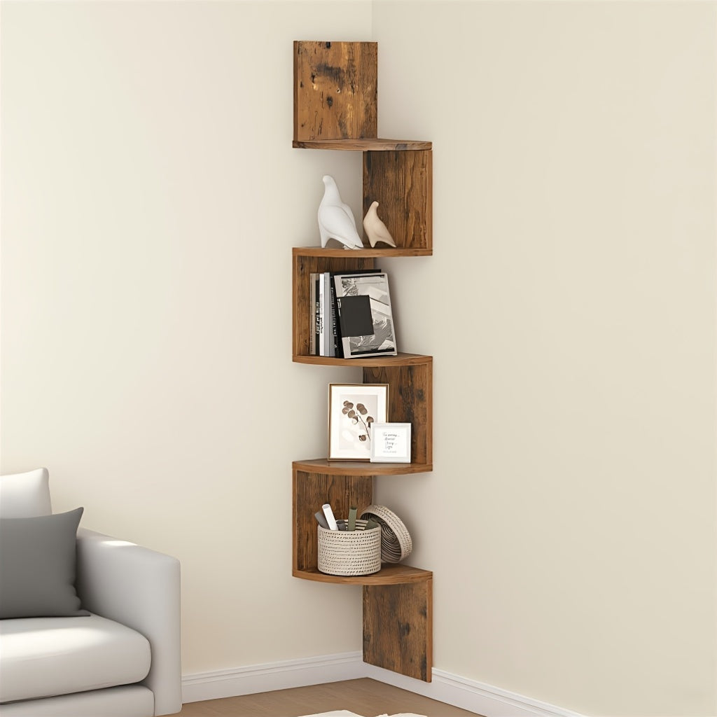 5-Tier Corner Floating Shelf Wall Mount Space-Saving Display Organizer Storage Rack for Bedroom Living Room 7.9x7.9x49.6 Inch Black White Brown