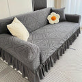 Velvet Jacquard Sofa Slipcover Grey Ruffle Detail Non-Slip Dustproof Stretch Machine Washable All-Season 1 2 3 4 Seater L-Shape Compatible Luxury Couch Cover