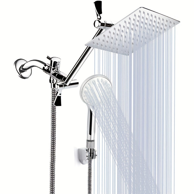 High Pressure Rainfall & Handheld Shower Head Combo, 9 Spray Settings, 11" Extension Arm, Leak-Proof Wall-Mounted, Height & Angle Adjustable, Holder & Hose Included – Chrome & Black, 8"/10"/12"