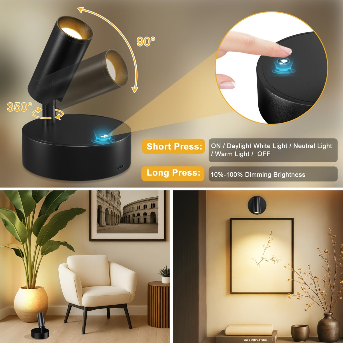 Wireless LED Spotlight 2-Pack Rechargeable Indoor Accent Uplighting 3 Color Dimmable for Plants Pictures Wall Art Decor – Black Gold White