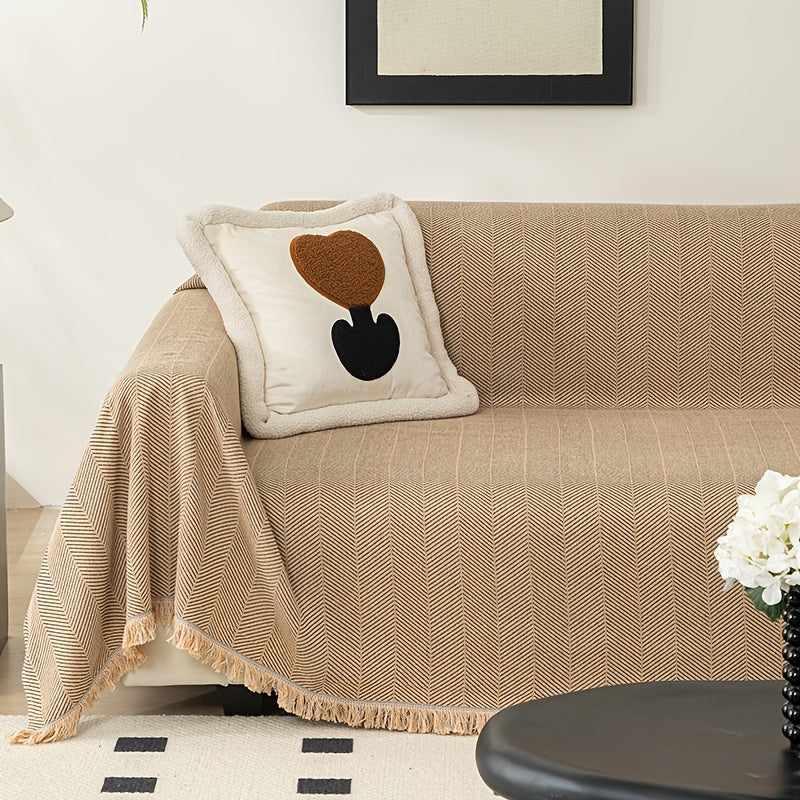 Herringbone Sofa Cover with Tassels – Washable Polyester Throw for 3-Seater, 4-Seater & Large Sofas | Grey, Coffee, Green