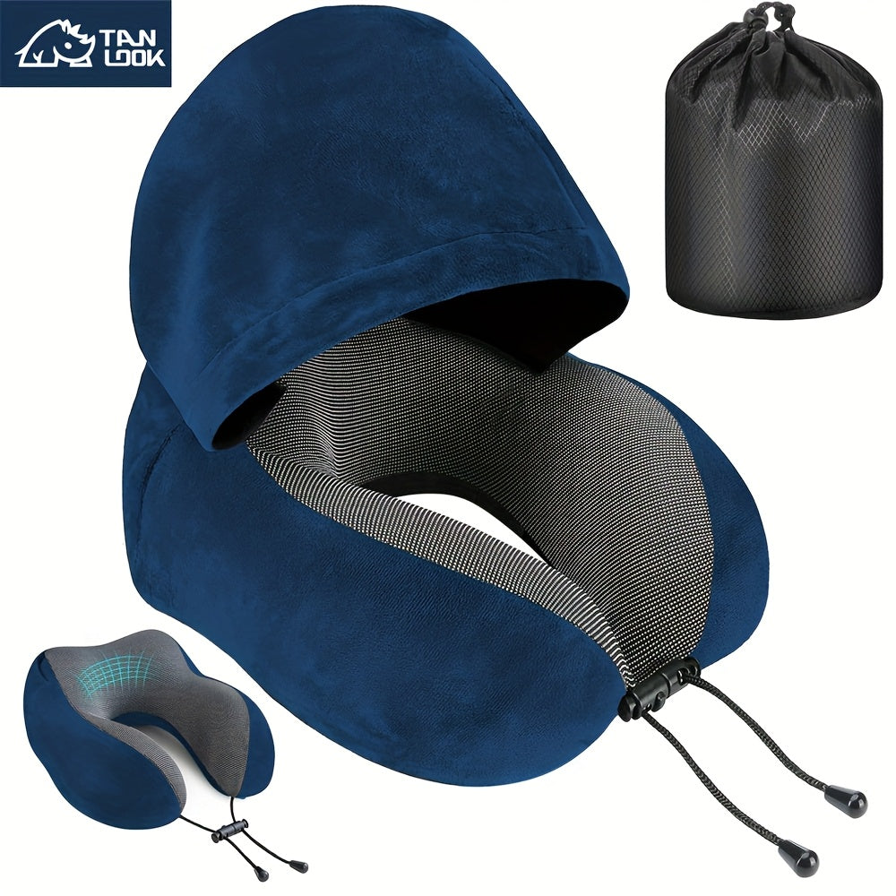 Hooded U-Shaped Travel Neck Pillow with Hood & Light-Blocking Cover – Airplane Nap Pillow for Adults, Home Office Sleep Support, U-Shape Neck Rest