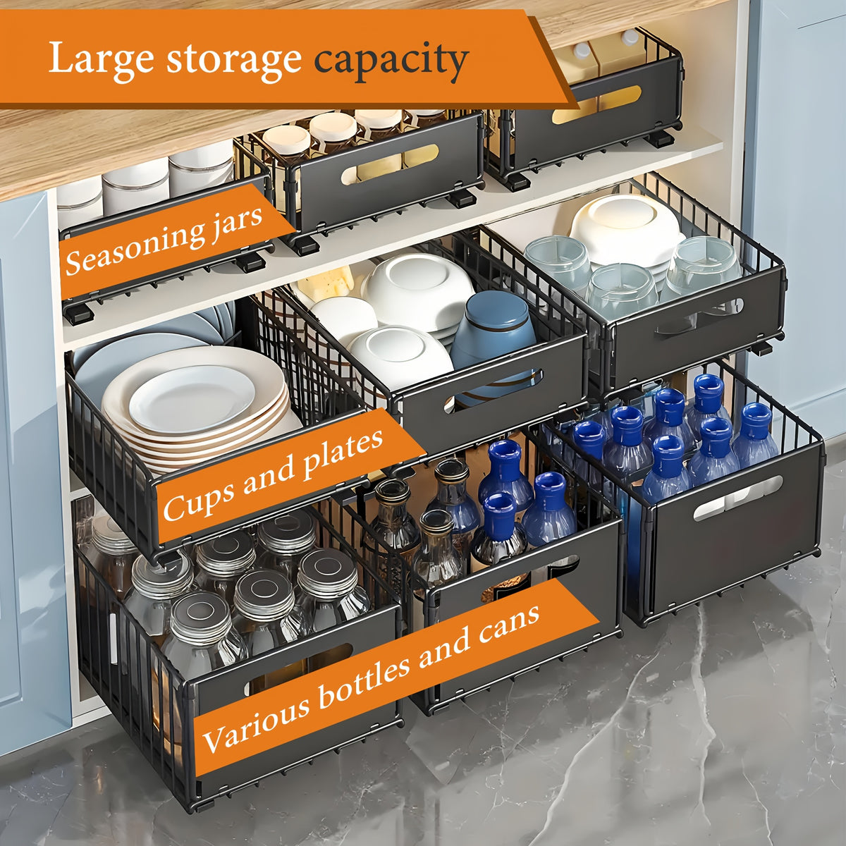 Cabinet Pull-Out Storage Basket 2pcs – Sliding Under-Sink Organizer, Spice Rack & Pantry Shelf Basket for Kitchen, Bathroom & Household Storage