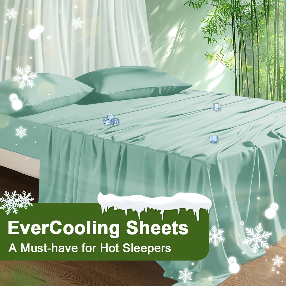 Cooling Bamboo Bed Sheet Set 4-Piece - Soft Lightweight Breathable Deep Pocket 16" Fitted Sheet, Flat Sheet & 2 Pillowcases, Machine Washable Summer Bedding, Twin Full Queen King, 12 Colors