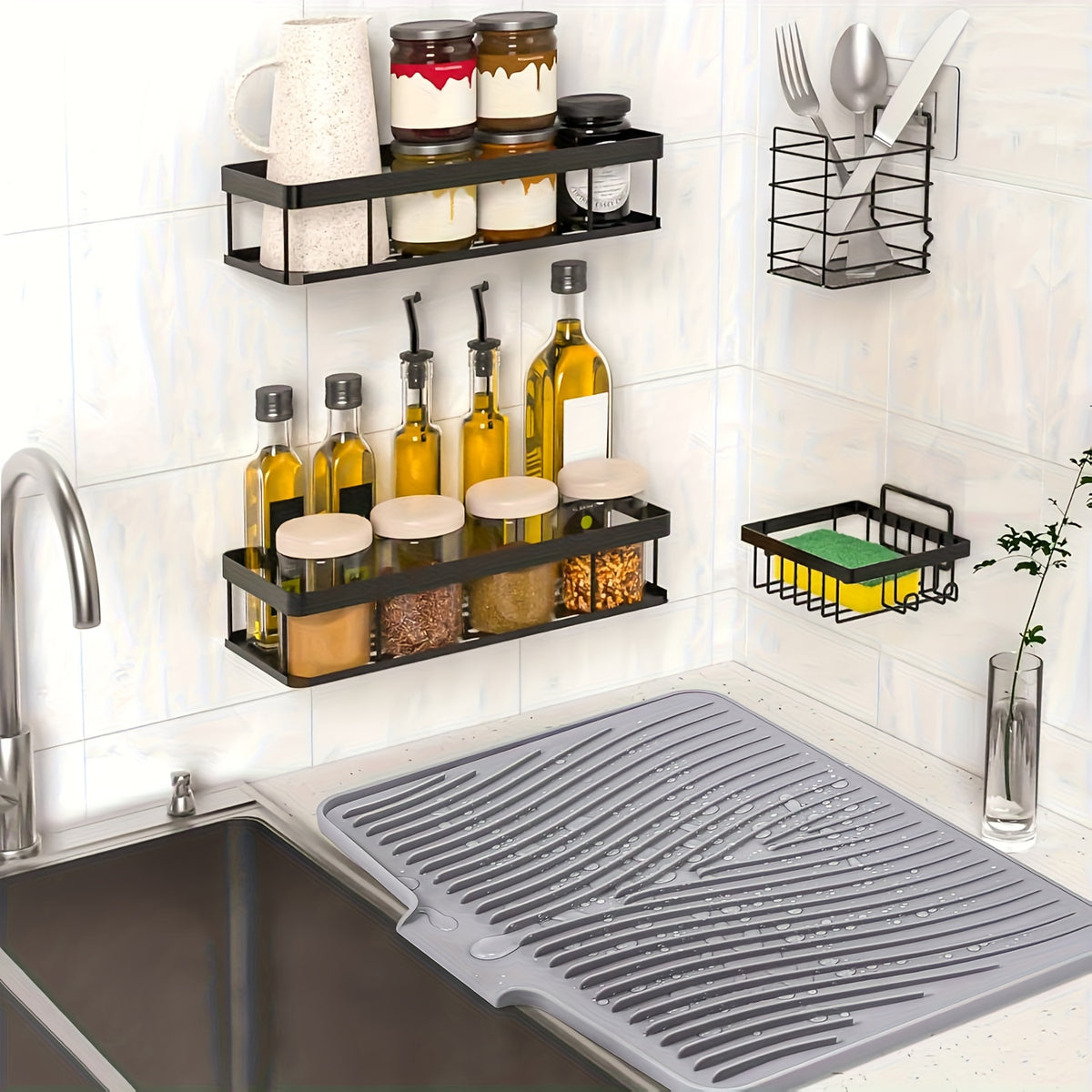 Large Silicone Dish Drying Mat & Drain Pad 34.5x19in – Slope Drainage Design, Heat Resistant, Countertop Protector for Kitchen & Bathroom